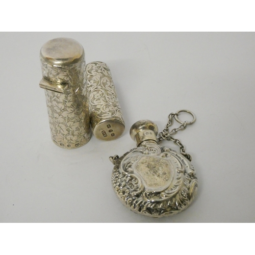 479 - Victorian silver scent bottle with hinged lid Birmingham 1892, smaller silver cylindrical scent bott... 