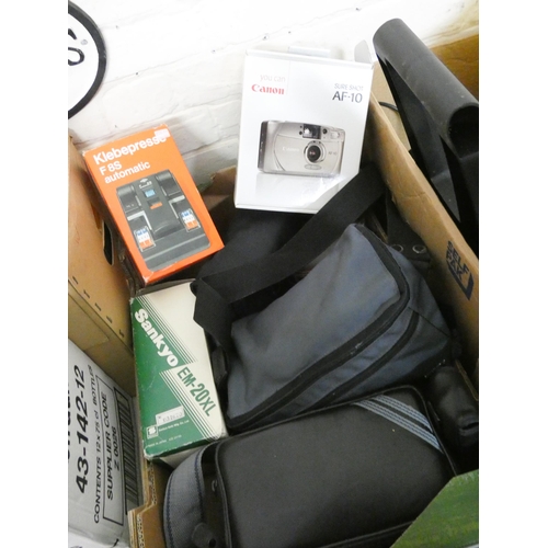 671 - A large box of cameras, camera accessories etc