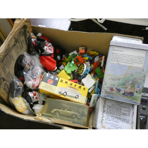 695 - A box containing a large quantity of assorted erasers, records, unusual clown ornaments , two boxed ... 