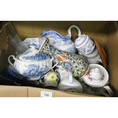 706 - Three large boxes of glass, china, jugs, part tea sets etc