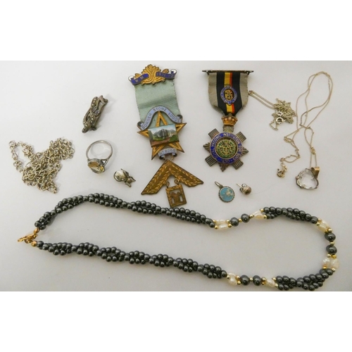 445 - Silver Masonic jewels, silver jewellery and a row of haematite beads and freshwater pearls