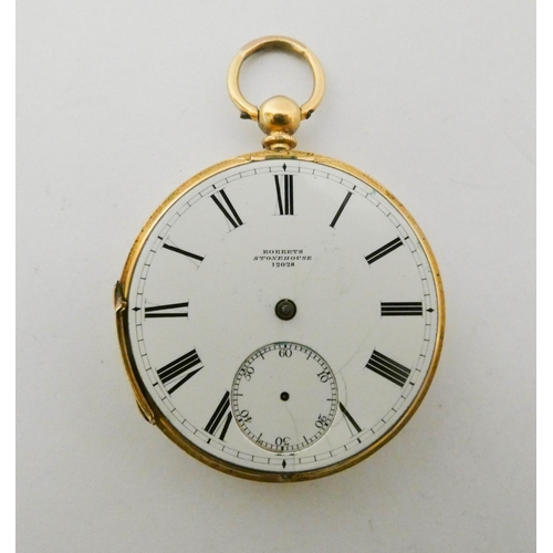 535 - Victorian 18ct gold pocket watch, signed W Roberts Stonehouse, front bezel missing. Case weight 30.6... 