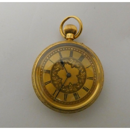 536 - Edwardian 18ct gold fob watch, highly decorated case, Birmingham 1904, case weight with glazed door ... 