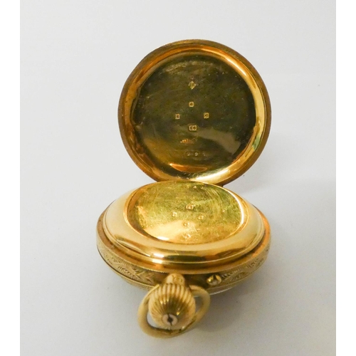 536 - Edwardian 18ct gold fob watch, highly decorated case, Birmingham 1904, case weight with glazed door ... 