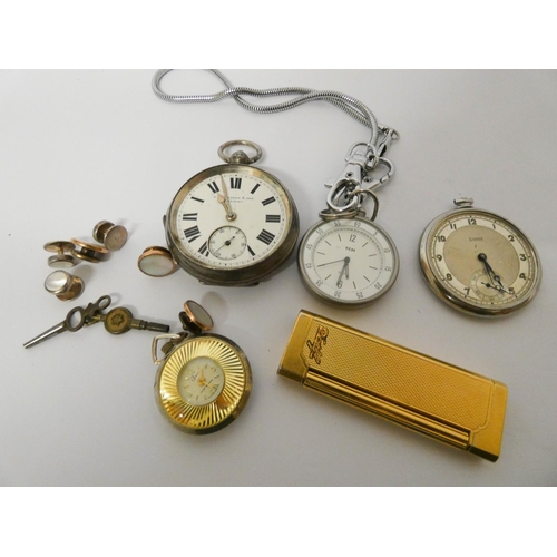 543 - A silver pocket watch, several plated pocket watches, Davidoff gold plated lighter, shirt studs etc