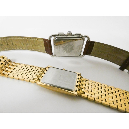 546 - Modern gents Burberry tank style wristwatch on a brown leather strap and a Credit Suisse watch inset... 