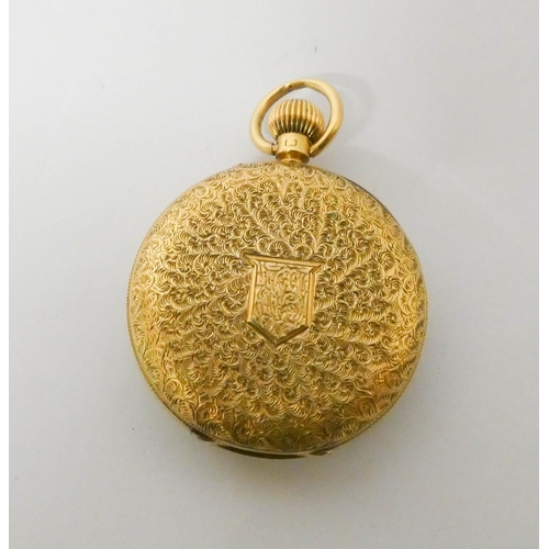 536 - Edwardian 18ct gold fob watch, highly decorated case, Birmingham 1904, case weight with glazed door ... 