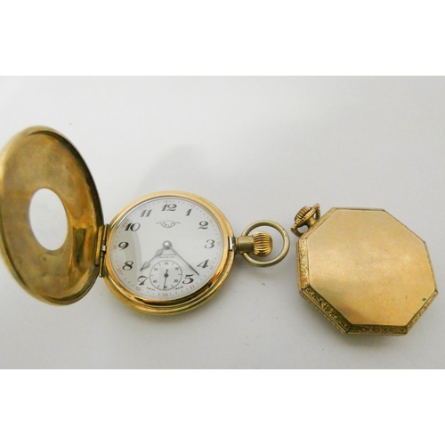 544 - Gold plated octagonal pocket watch, dial signed Victor and a half hunter gold plated pocket watch di... 