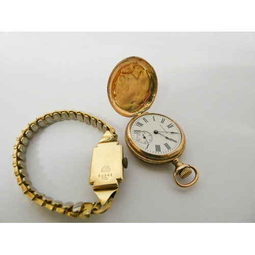 540 - Edwardian ladies 10k gold full hunter fob watch together with a 14k vintage gold cased ladies wristw... 