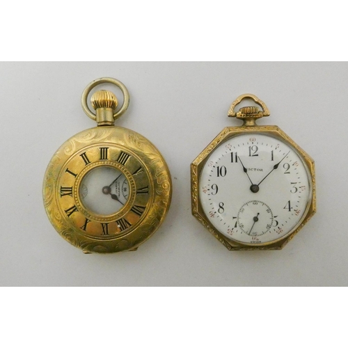 544 - Gold plated octagonal pocket watch, dial signed Victor and a half hunter gold plated pocket watch di... 