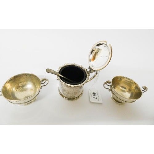 497 - A pair of silver twin handled salt cellars and a silver mustard with blue glass liner and silver spo... 