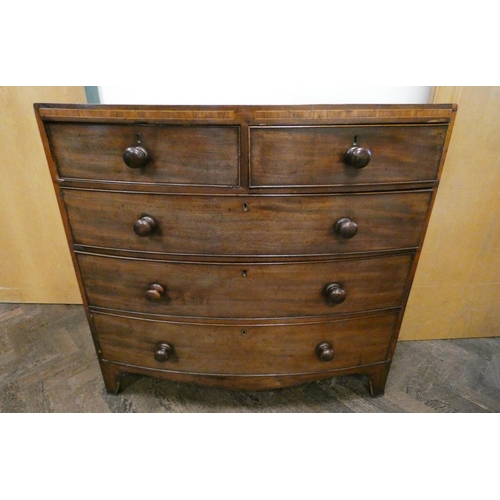 341 - Late Georgian mahogany bow front chest of three long and two short drawers with later Victorian bun ... 