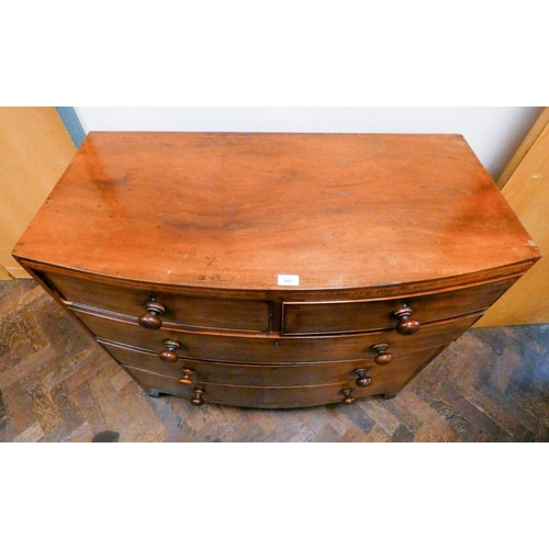 341 - Late Georgian mahogany bow front chest of three long and two short drawers with later Victorian bun ... 