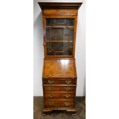 342 - Queen Anne style walnut bureau bookcase with brass handles, 21 1/2