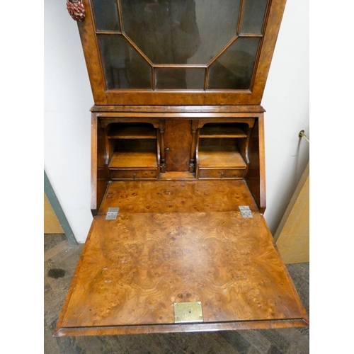 342 - Queen Anne style walnut bureau bookcase with brass handles, 21 1/2