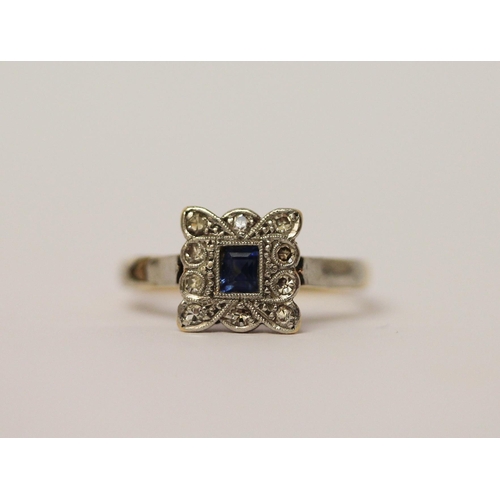 523 - An Art deco sapphire and diamond square cluster ring, shank marked '18ct & Plat', ring size N, weigh... 