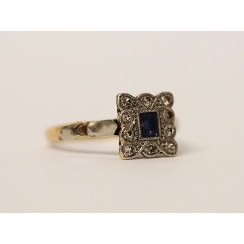 523 - An Art deco sapphire and diamond square cluster ring, shank marked '18ct & Plat', ring size N, weigh... 