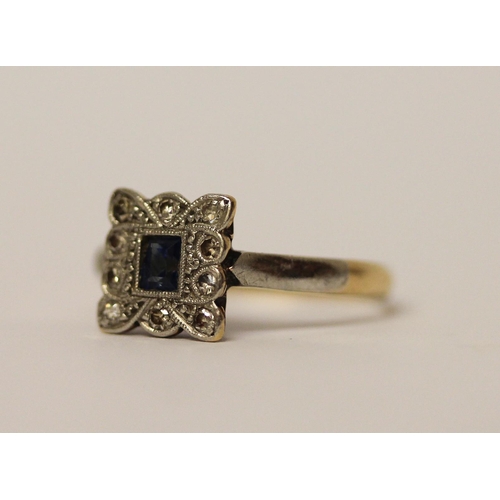 523 - An Art deco sapphire and diamond square cluster ring, shank marked '18ct & Plat', ring size N, weigh... 