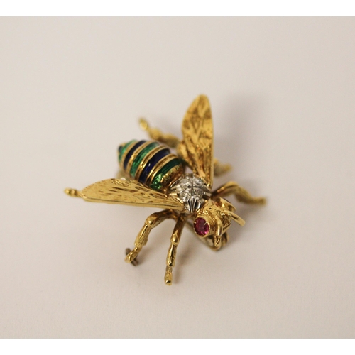 524 - An 18ct yellow gold and enamel bee brooch, with ruby eyes and diamond set body, hallmarked, gross we... 