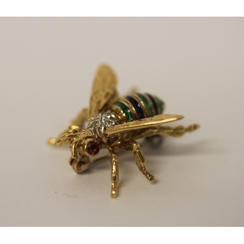 524 - An 18ct yellow gold and enamel bee brooch, with ruby eyes and diamond set body, hallmarked, gross we... 