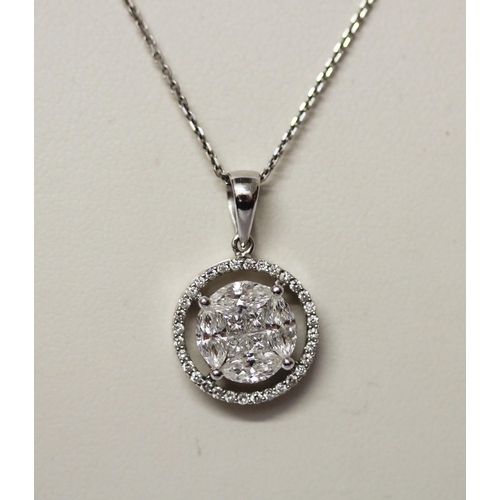 562 - A diamond pendant, the cluster of diamonds set in a circular motif, 18ct white gold, on fine 18ct wh... 