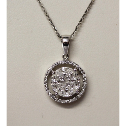 562 - A diamond pendant, the cluster of diamonds set in a circular motif, 18ct white gold, on fine 18ct wh... 