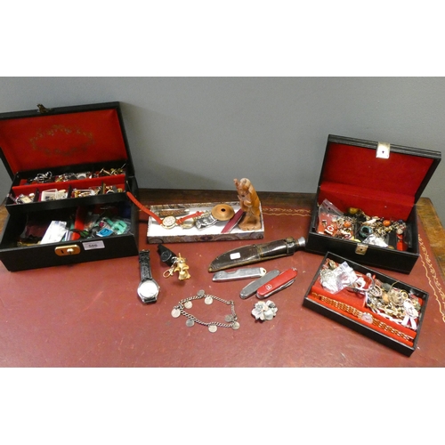 586 - Sheath knife, collectables, jewellery boxes containing costume jewellery