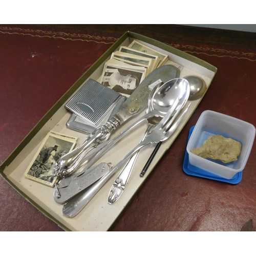 592 - Silver plated cutlery by Christofle, WWI cigarette cards, ancient axe head, etc