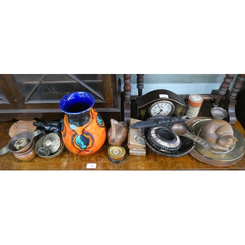 13 - Inlaid mantle clock, Poole Pottery vase, treen, porcupine quill ashtray etc, brass items, iron booke... 