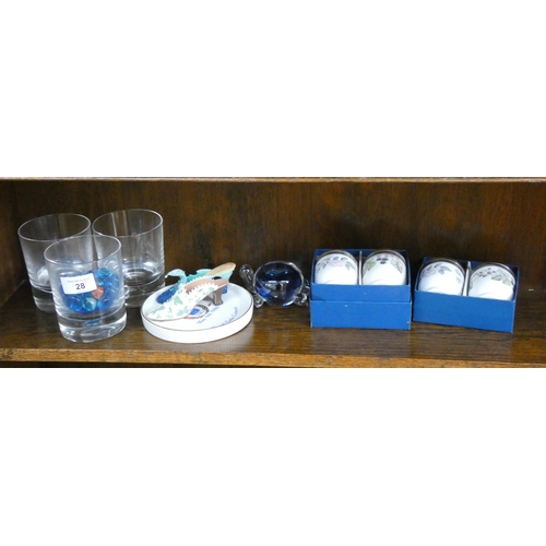 28 - Two pairs of Worcester egg coddlers, three heavy  glasses, paperweight, shoe ornaments etc