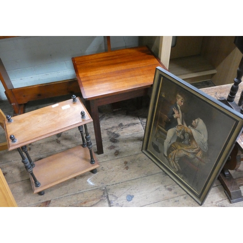 35 - Mahogany occasional table, small two tier whatnot and a Regency style coloured print