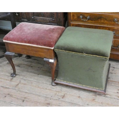 7 - A lift top stool on cabriole legs with upholstered seat and concave side green upholstered Ottoman