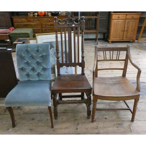 87 - Oak high backed hall chair, mahogany elbow chair and a blue buttoned upholstered occasional chair