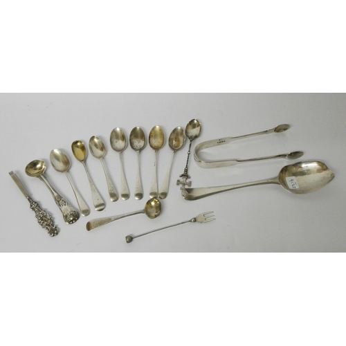 409 - A collection of antique and later silver spoons and a pair of Victorian silver sugar nips 8.9 troy o... 