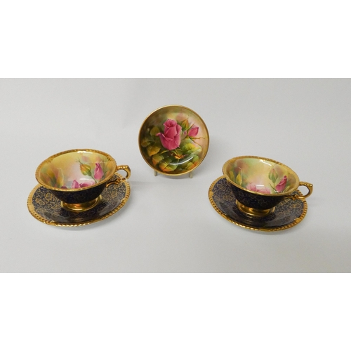 245 - Paragon - hand painted pair of cabinet cups and saucers painted with roses by F Wright and a pin dis... 