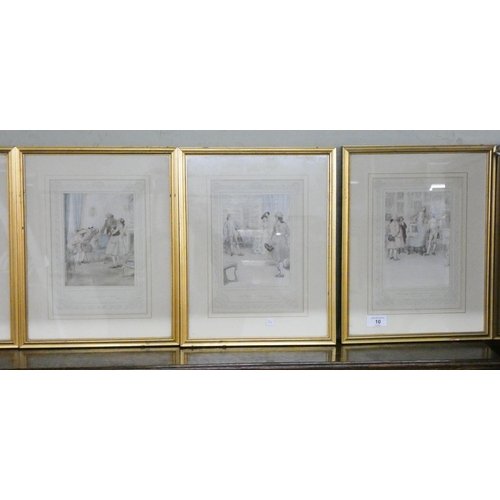 10 - A set of six gilt framed Regency style coloured prints