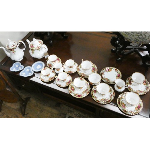 96 - Royal Albert Old country roses tea set, 30 pieces and three pieces of Wedgwood Jasper ware