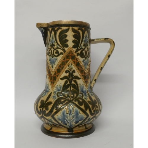 205 - A Doulton stoneware jug by Frank Butler with hallmarked silver rim, 22cms tall