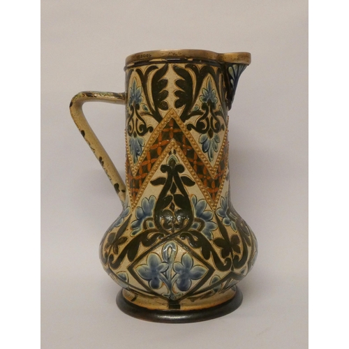 205 - A Doulton stoneware jug by Frank Butler with hallmarked silver rim, 22cms tall