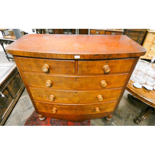 316 - A Victorian mahogany bow front chest of three long and two short drawers with bun handles, 4' wide