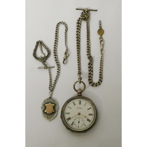 457 - 19th century continental silver hunter pocket watch, with two silver graduated Alberts with attached... 