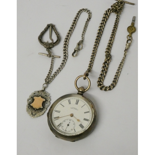 457 - 19th century continental silver hunter pocket watch, with two silver graduated Alberts with attached... 