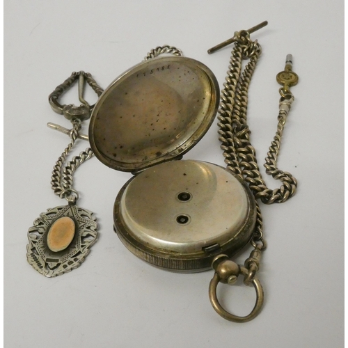 457 - 19th century continental silver hunter pocket watch, with two silver graduated Alberts with attached... 