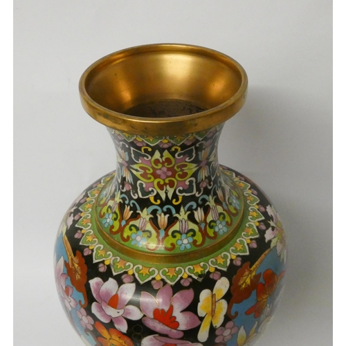 201 - A polychrome Chinese cloisonné enamelled vase on stand, 37cms tall including the base