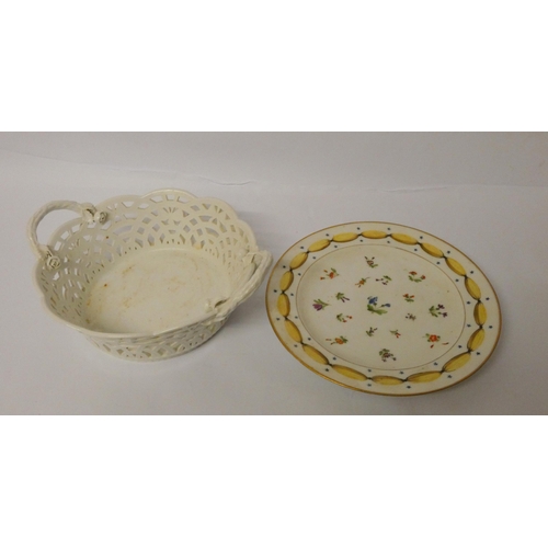 232 - A bird decorated French porcelain plate, two Staffordshire pastille burners and a Dresden twin handl... 