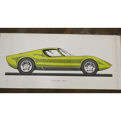 269 - A collection of screen printed poster prints of vintage race cars - Ferrari, Bugatti, Bentley, Ford ... 