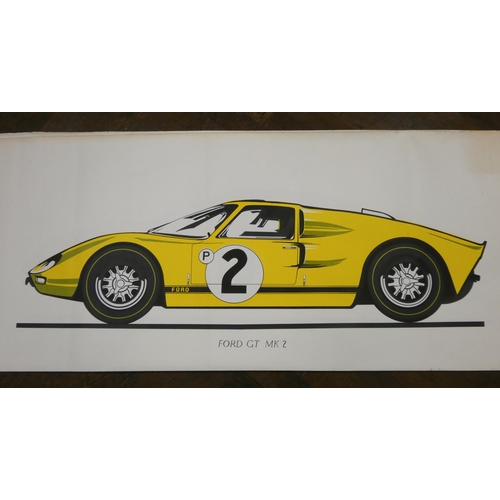 269 - A collection of screen printed poster prints of vintage race cars - Ferrari, Bugatti, Bentley, Ford ... 