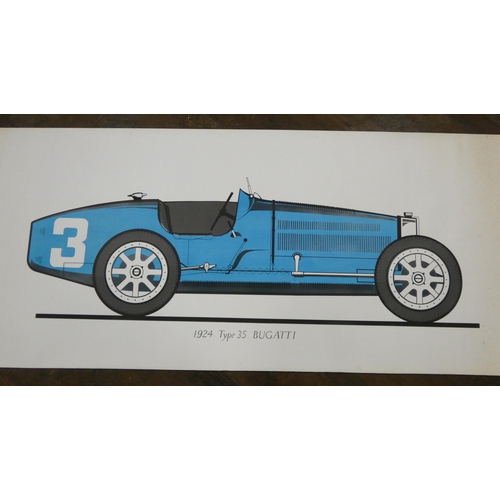 269 - A collection of screen printed poster prints of vintage race cars - Ferrari, Bugatti, Bentley, Ford ... 