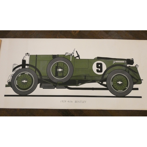 269 - A collection of screen printed poster prints of vintage race cars - Ferrari, Bugatti, Bentley, Ford ... 