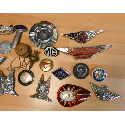 270 - A collection of old car badges - Jensen, MG, Daimler, Bristol, Austin Healey etc